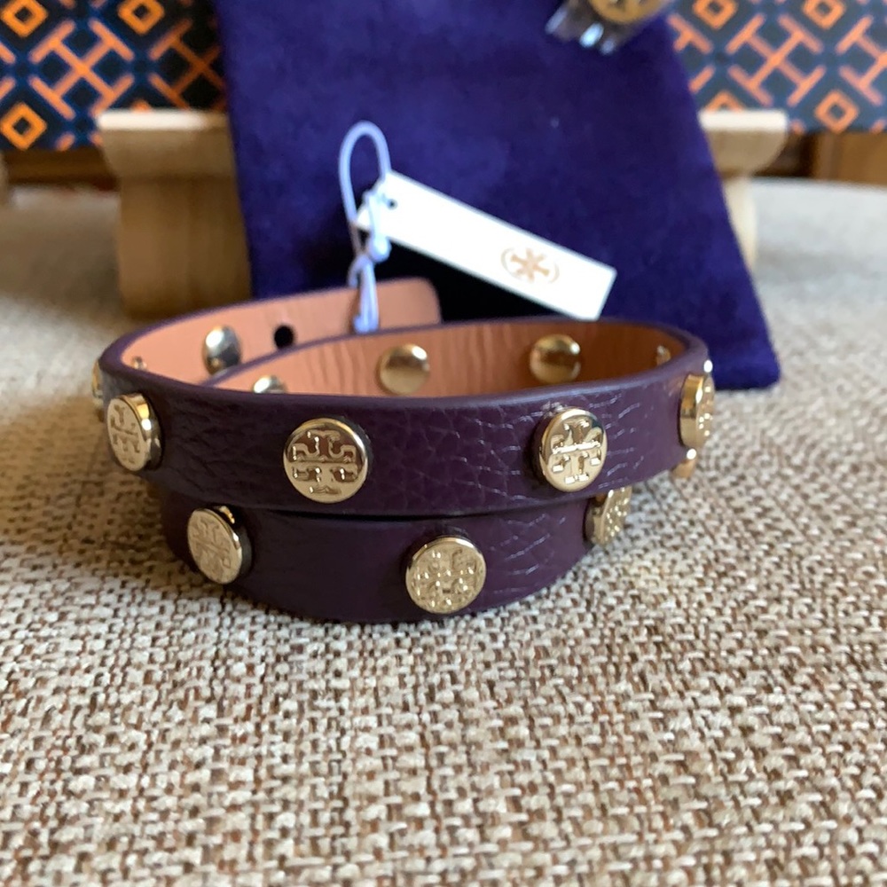 Tory Burch Double-Wrap Logo Stud Bracelet New Plum